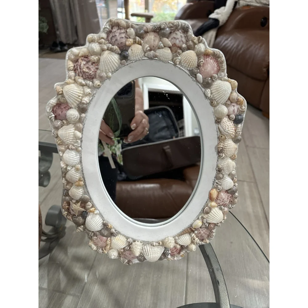 Vtg Mirror Art Ornate Seashell Adorned White Pink Vanity Easel Standing Wall 12”